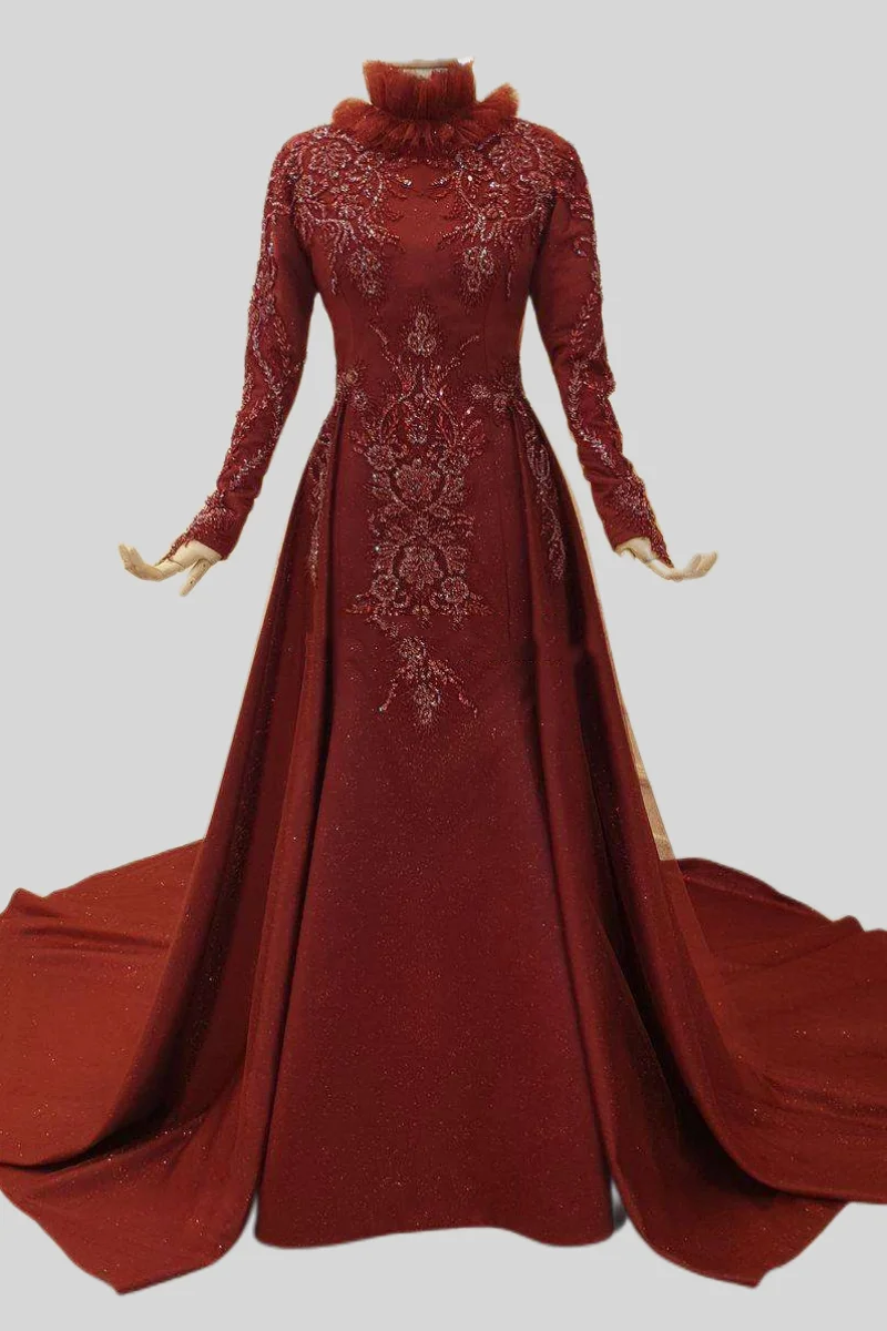 

Burgundy Moroccan Kaftan Muslim Evening Dresses A-line Long Sleeves Appliques Beaded Dubai Arabic Turkey Abaya Islamic Gown