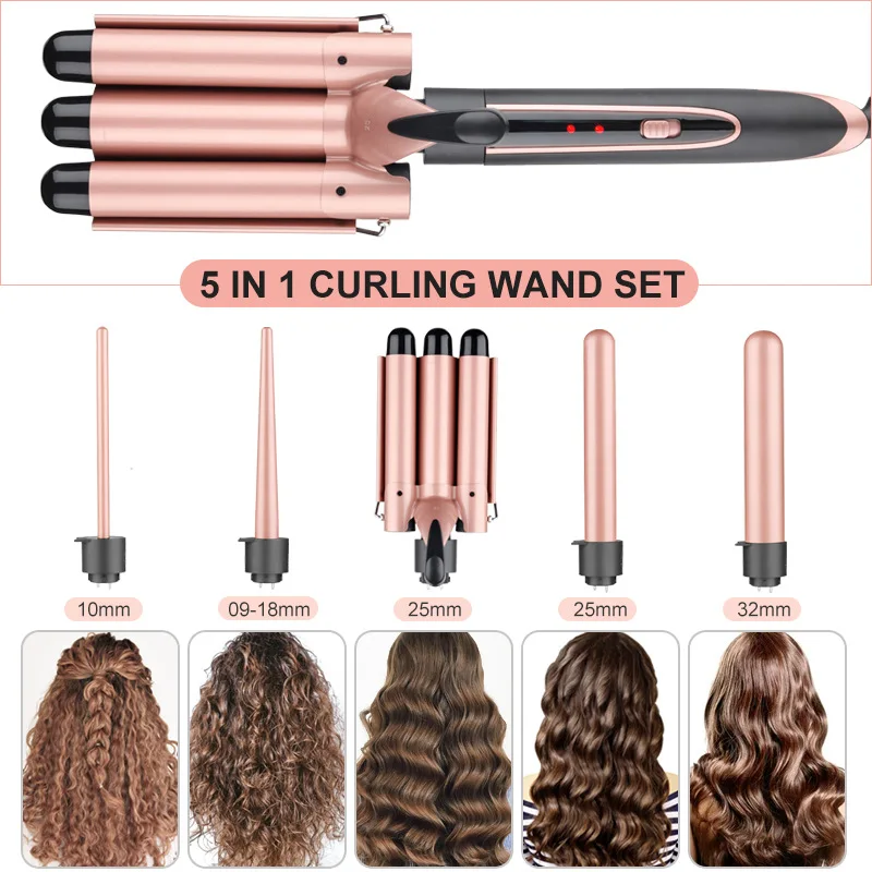 

3/5In1 Hair Curling Iron Wand Ceramic Professional Interchangeable Barrels Hair Curler Deep Wave Styling Tool Curler Modeler
