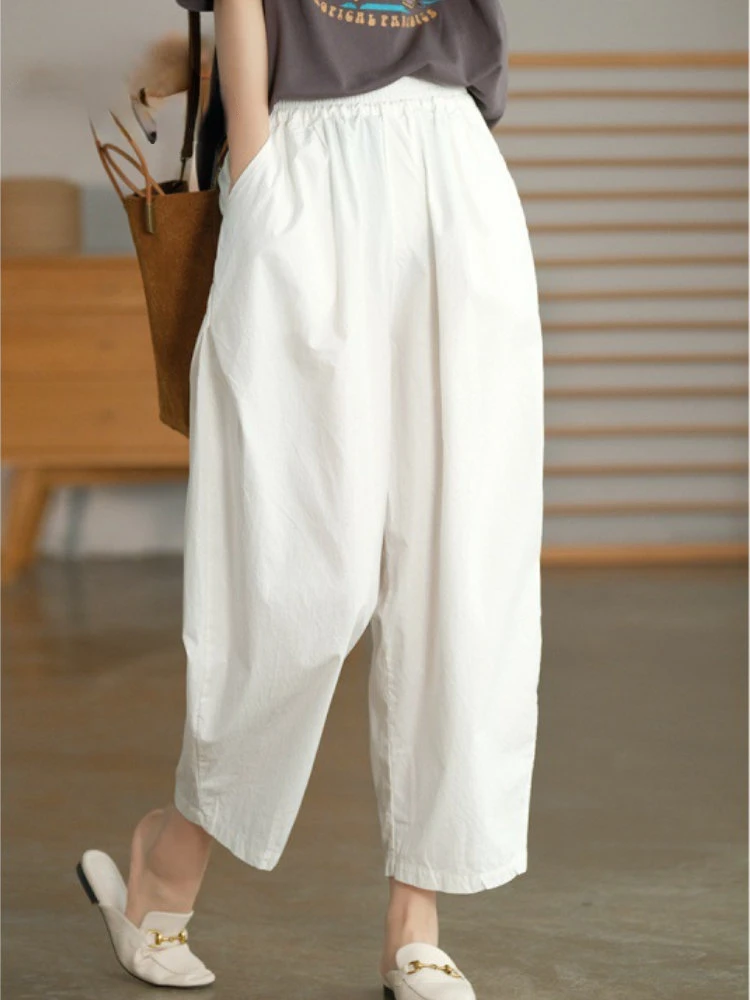 

Женские шаровары с эластичным поясом, повседневные свободные винтажные укороченные хлопковые брюки в Корейском стиле, одежда для офиса, Но...