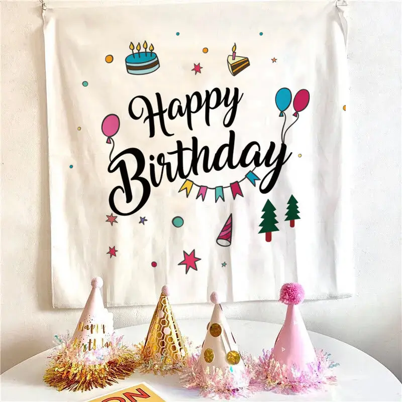 

Happy Birthday Background Tapestry Cloth Kawaii Children's Room Wall Decoration Girls' Dormitory Cartoons Home Party Decor