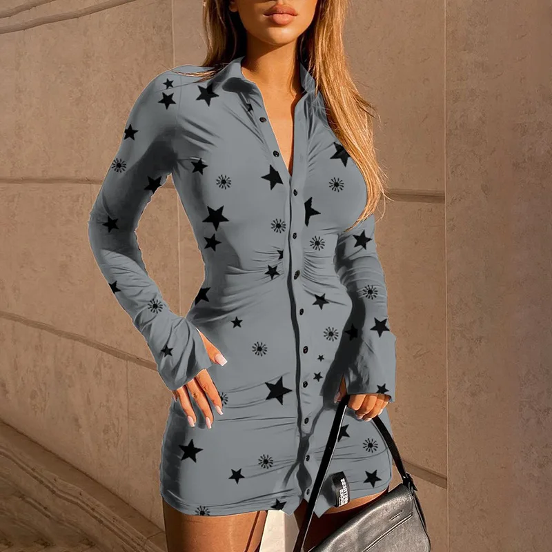 

Women Mini Dresses Lapel Print Buttons Up Dresses 2022 Spring Fashion Casual Long Sleeves Elegant Office Lady Slim Shirt Dresses