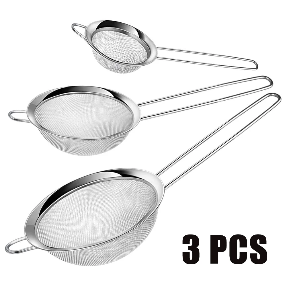 

3pcs Fine Mesh Strainer Long Handle Sifter Stainless Steel Colander For Filter Tea Coffee Flour Sugar Spices Kitchen Accessories