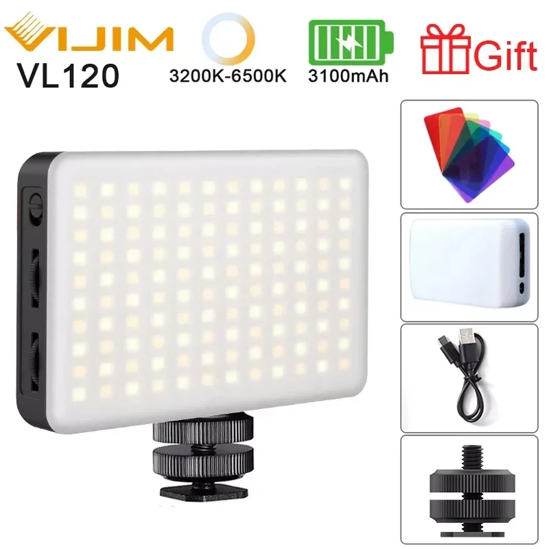 

Светодиодная лампа VIJIM VL120 для видеокамеры, 3200k-6500K, 3100 мА · ч
