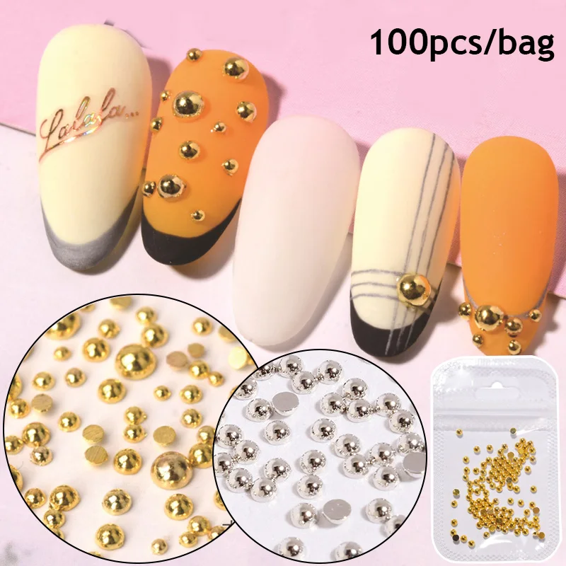 

100PCS 3D Nail Rivet Metallic Beads Solid Semicircle Metal Glitter Studs Nail Decoration Gold Silver Punk Style Manicure Art