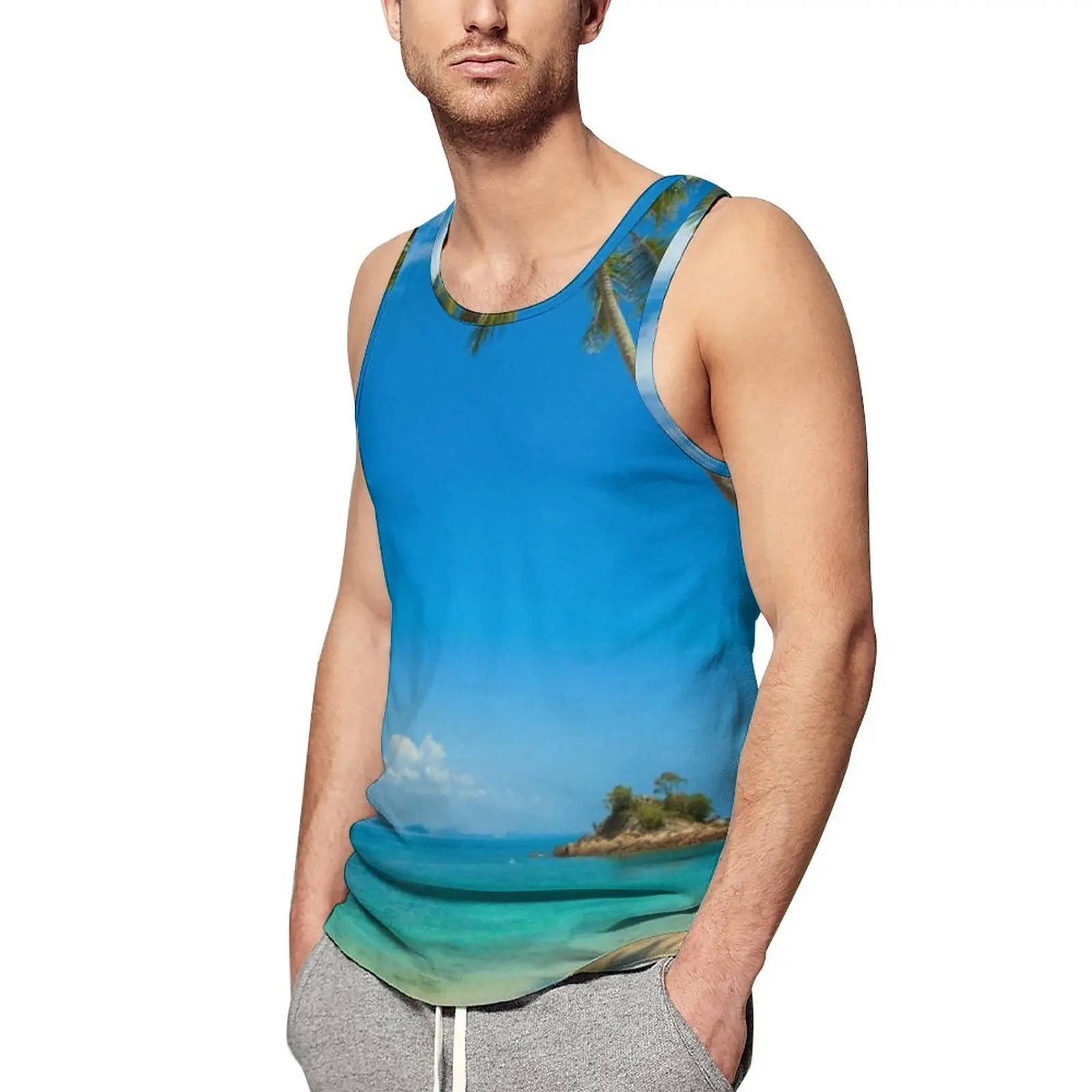 

Blue Beach Tank Top Males Tropical Palm Trees Streetwear Tops Summer Workout Custom Sleeveless Vests Plus Size 4XL 5XL