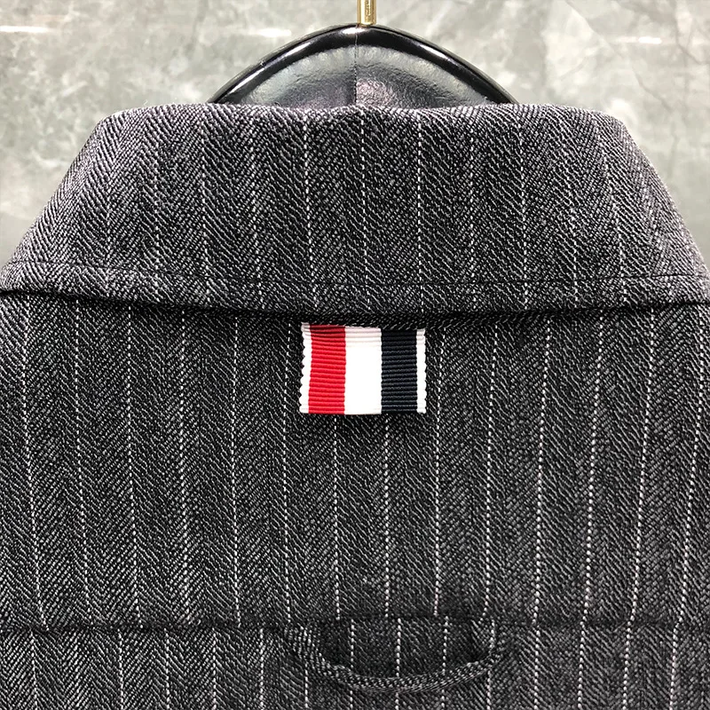 TB Shirts Men Grey Stripes New Shirts Slim Black Long Sleeve Striped Casual Shirt Turn Down Collar Cotton Solid Men's Clothing