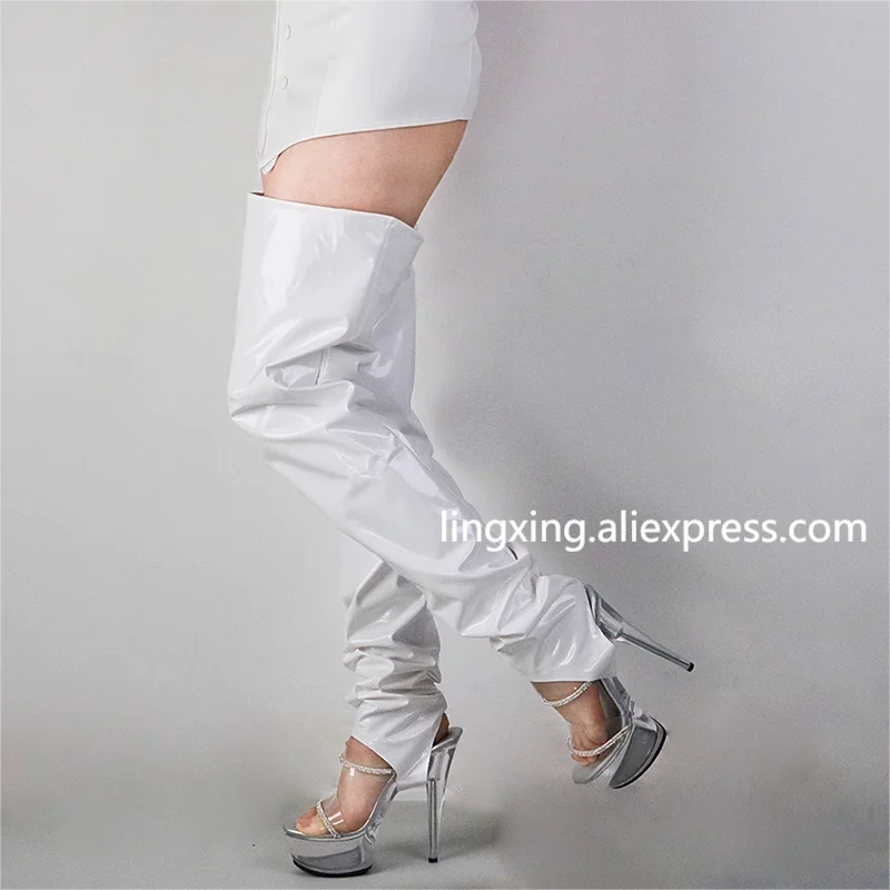 Черные с открытым носком сексуальные длинные кожаные чулки женские высокие