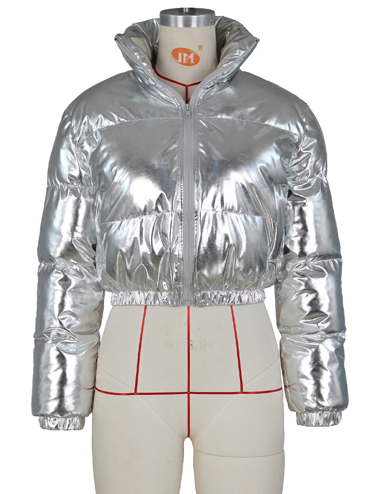 Woman Streetwear Stand Collar Long Sleeve Warm Overcoat Bright Bubble Short Parka Autumn Winter Cotton-padded Puffer Crop Jacket
