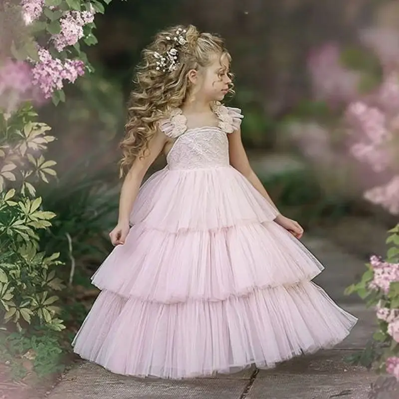 

Flower Girl Dress Lace Floral Appliques A Line Kids Birthday Gown Party Wedding Bridesmaid Princess Robes