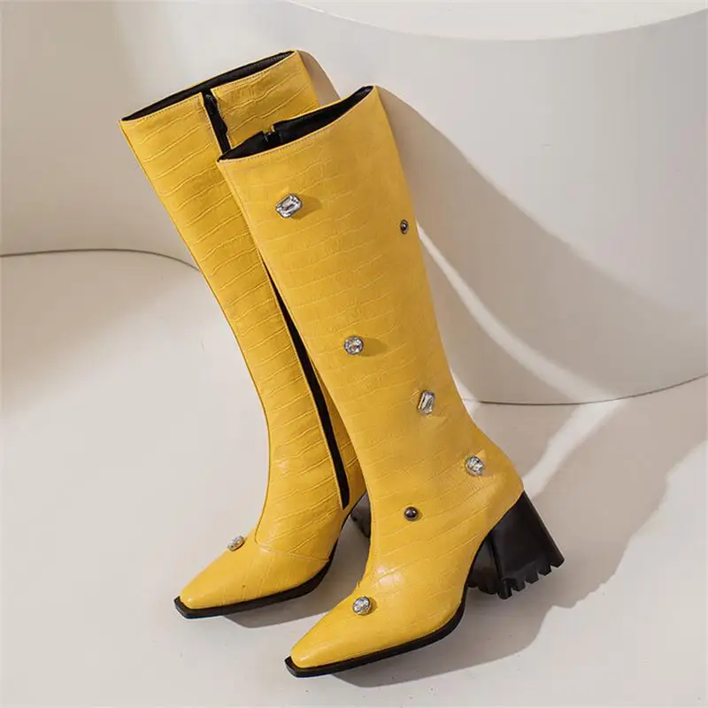 

Women Fashion High Boots Solid Color Stone Pattern PU Knee Pointed Toe Thick Heel Rhinestone Classic Street Outdoor Women Shoes