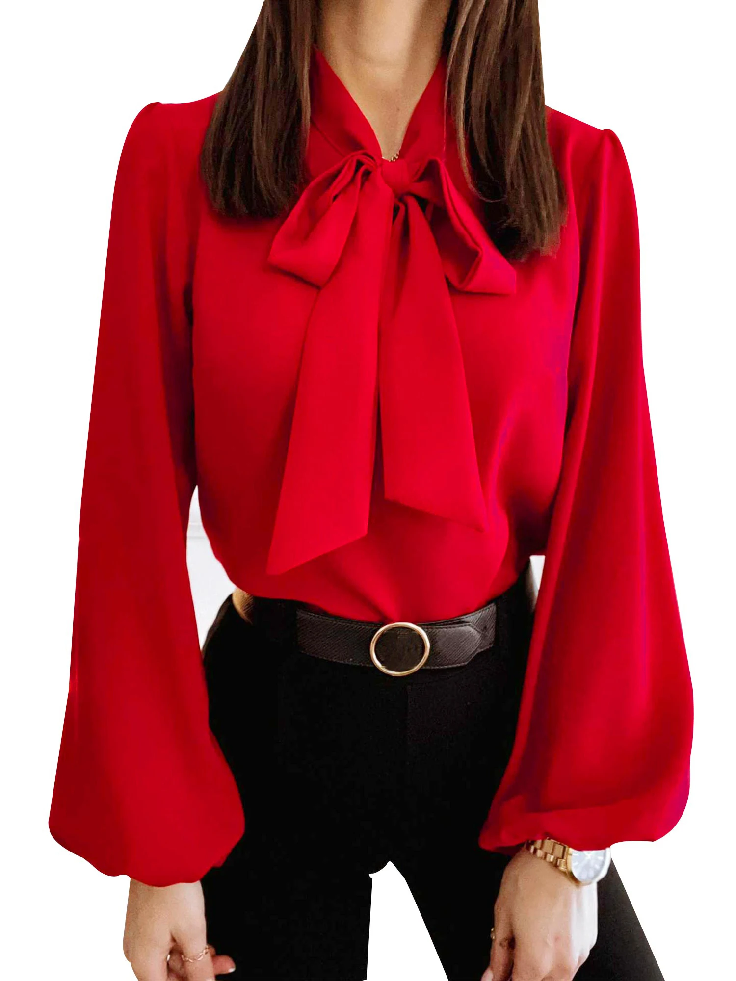 

Elegant Women Tie-Front Pullover Spring Autumn O-Neck Tunic Lantern Sleeve Bow Casual Solid Color Shirt Long Sleeve T Shirt