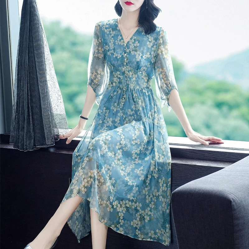 Summer Dresses 100% Silk Midi Dress V Neck Blue Floral Dress Women Elegant A Line Casual Dress Vestidos  Ladies Robe Femme été