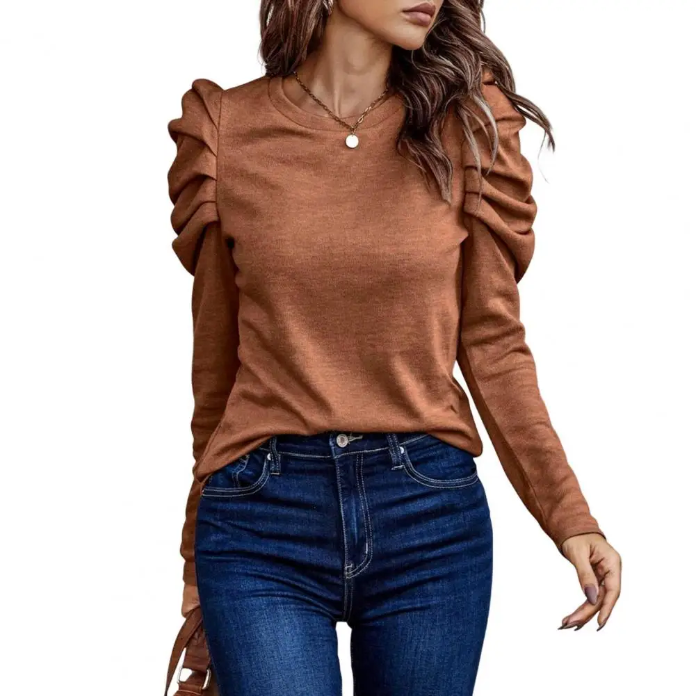 

Fashion Women Blouse Top O Neck Solid Color Puff Sleeve Pullover Casual Long Sleeve Loose Commuter Women Clothes blusa feminina