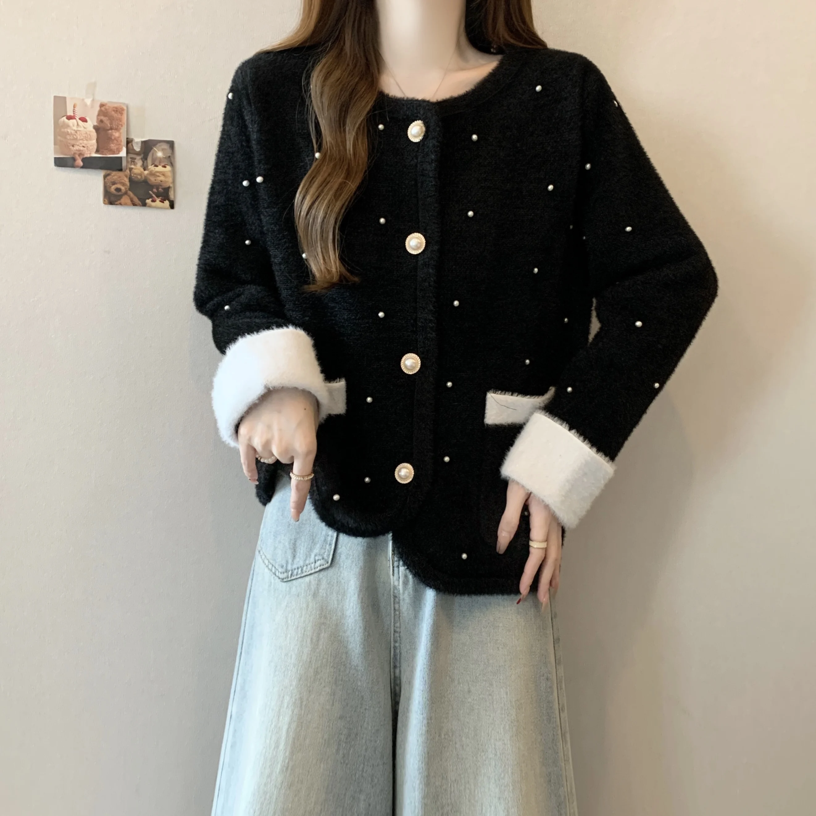 Изящный вязаный кардиган с жемчужным дизайном для женщин новинка 2024 осень