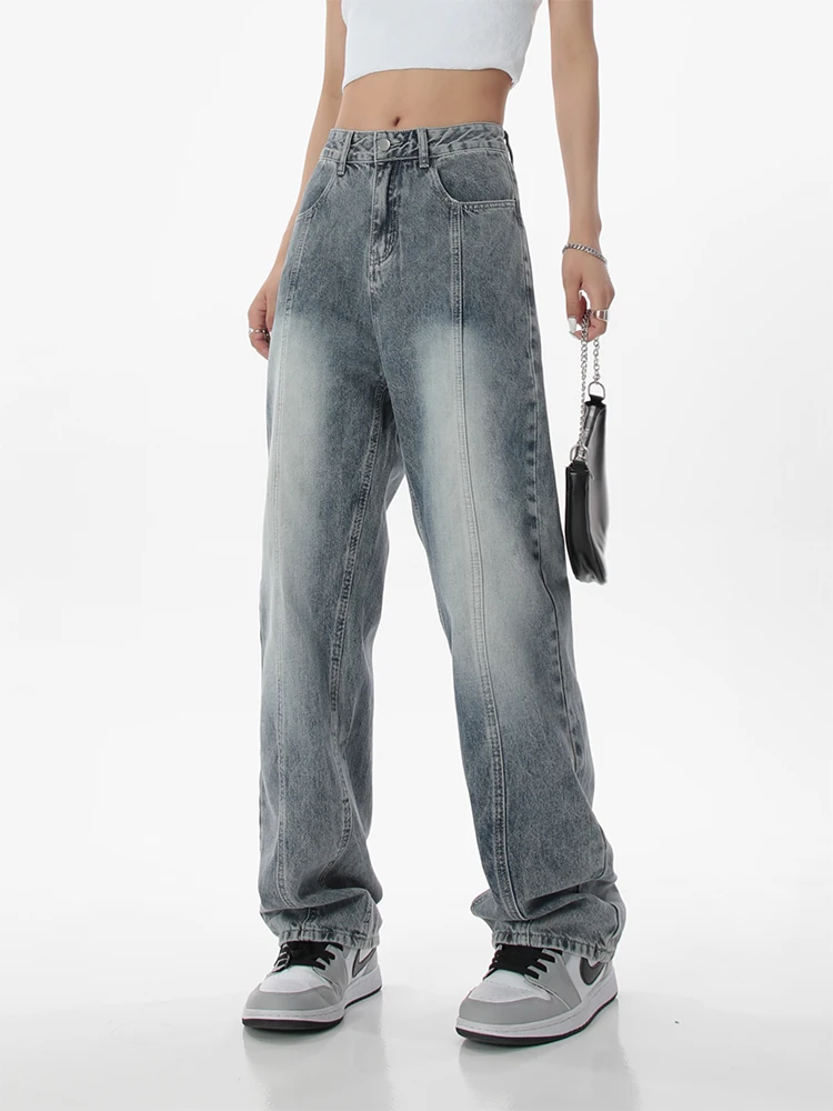

Women's Vintage Blue High Waist Jeans Y2K Irregular Baggy Thin Wide Leg Pants High Street Straight Mopping Denim Trouser Ladies