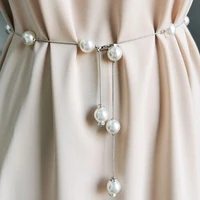 elegant women pearl belt waist belt adjustable metal thin chain belt for ladies dress skinny wedding waistband decorative