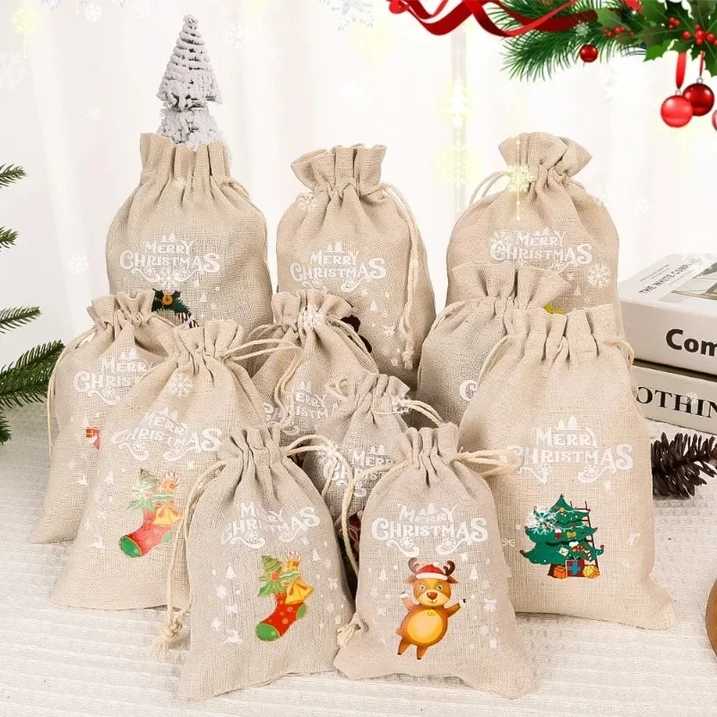 1/30PCS Christmas Linen Drawstring Bags Candy Biscuits Pouchs Burlap Bracelet Jewelry Storage Bag Xmas Kids Gifts Packaging