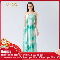 voa beach style simple green print silk woman dress summer spaghetti strap strapless backless a line sweet long dresses ae1192