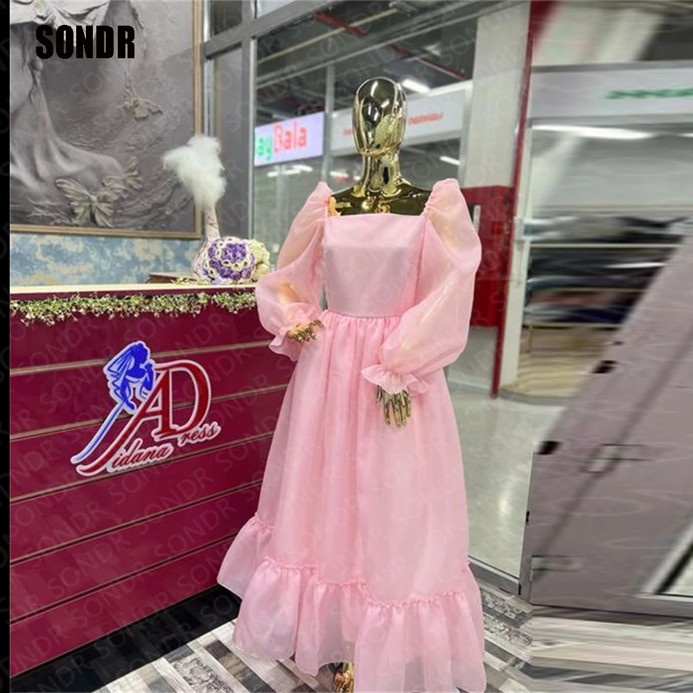 

SONDR Sweet Pink Short Prom Dresses Luxury Full Sleeves A-line Evening Gowns Party Dress Organza Vestidos De Ocasión Formales