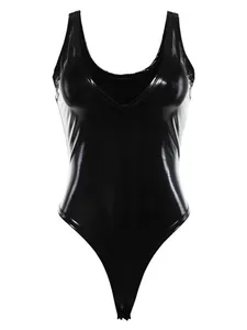 Macheda Новое женское облегающее черное боди из искусственной кожи с глубоким декольте купальник
