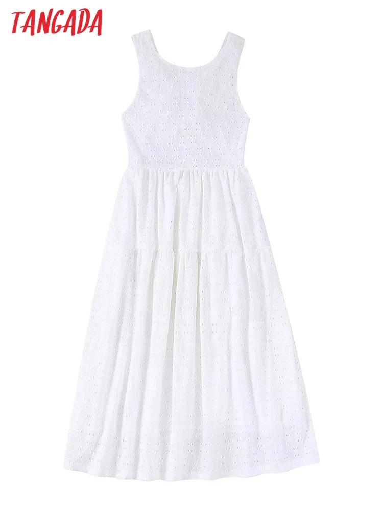 

Tangada women embroidery hollow dress sleeveless backless 2022 summer fashion lady dresses BE763
