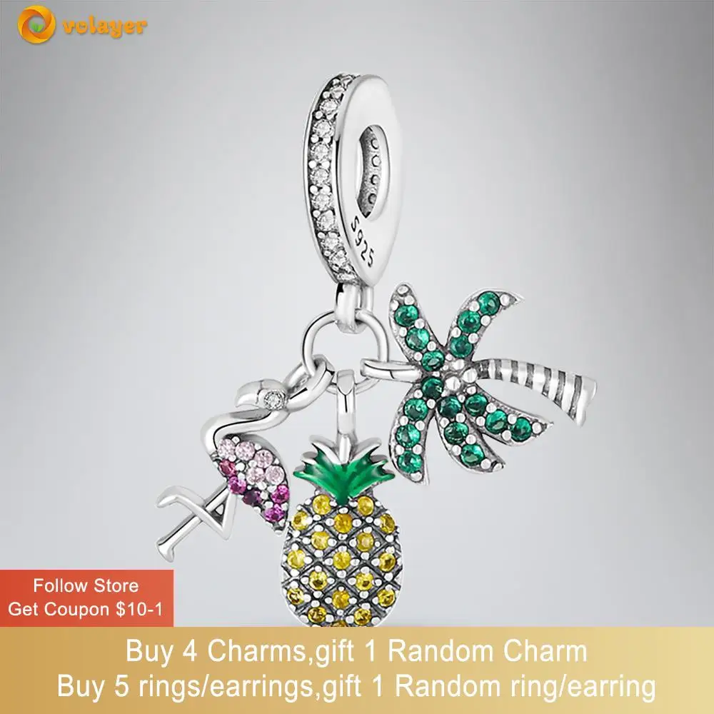 

Volayer 925 Sterling Silver Beads Pineapple Flamingo Coconut Charm fit Original Pandora Bracelets for Women Jewelry Making Gift