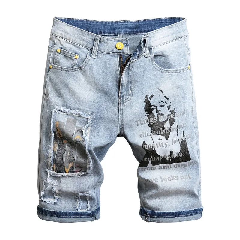 Quick Transport Light Blue Figure Art Print Men's Comfortable Denim Shorts Summer Youth Essential Fashion Slim Fit Denim Shorts