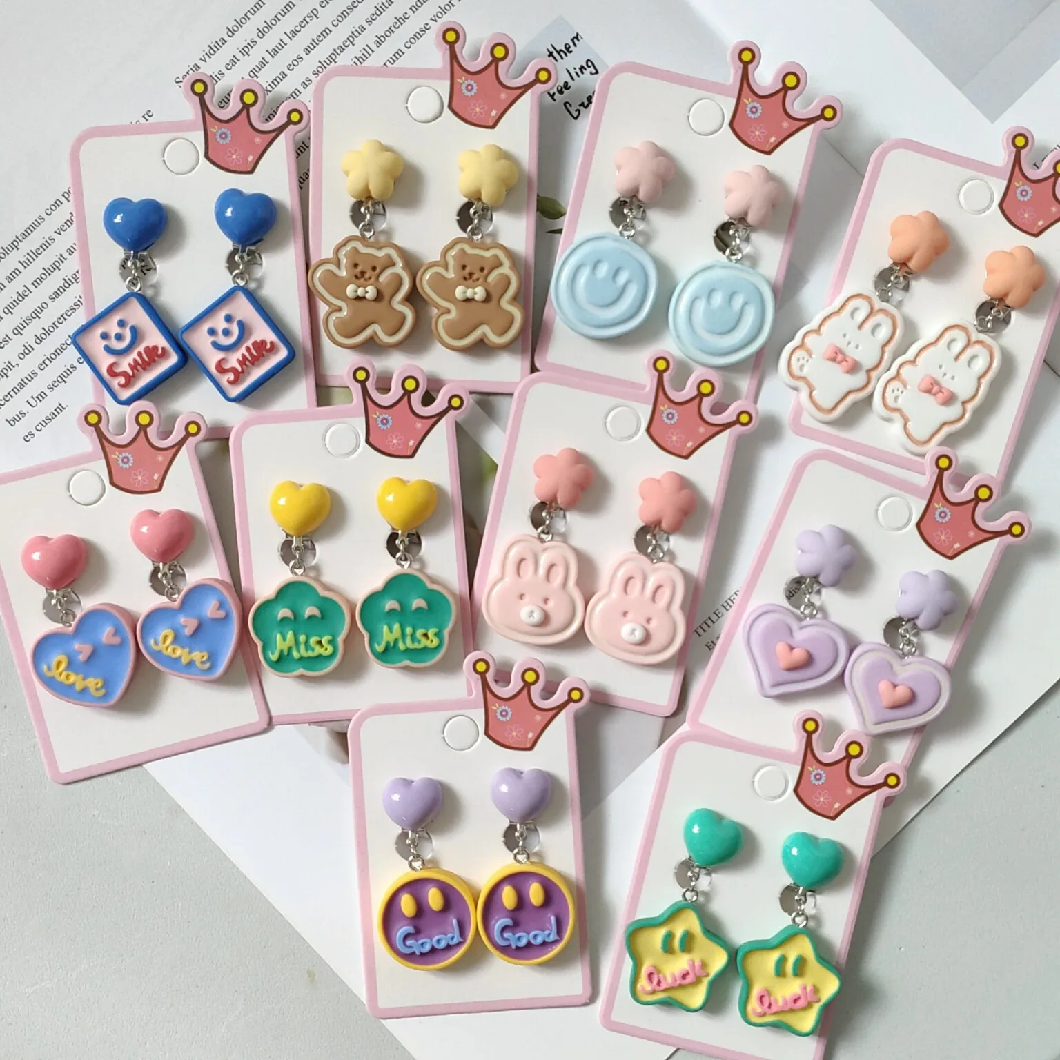 

10 Styles Lovely Heart Rabbit Cute Bear Star Resin No Pierced Earrings Gifts for Little Girls Children Jewelry
