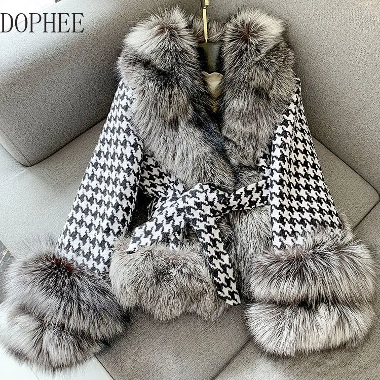 2022 NEW Winter Women Clothes Houndstooth Faux Fox Fur Jakcet Coat Elegant Long-sleeved Thicken Warm Short Fur Overcoat for Lady