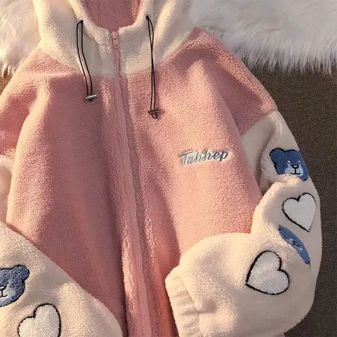Autumn/Winter Cashmere Plus Velvet Padded Zipper Hoodie Women Cute Bear Letter Embroidery Loose Cardigan Hoodie Casual Trend Top
