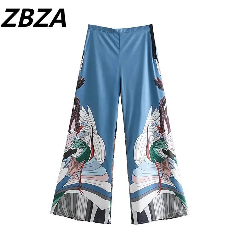 

Women 2023 New Chic Fashion Crane Printing With the Same Paragraph Wide Leg Pants Vintage High-waisted Female Trousers Mujer