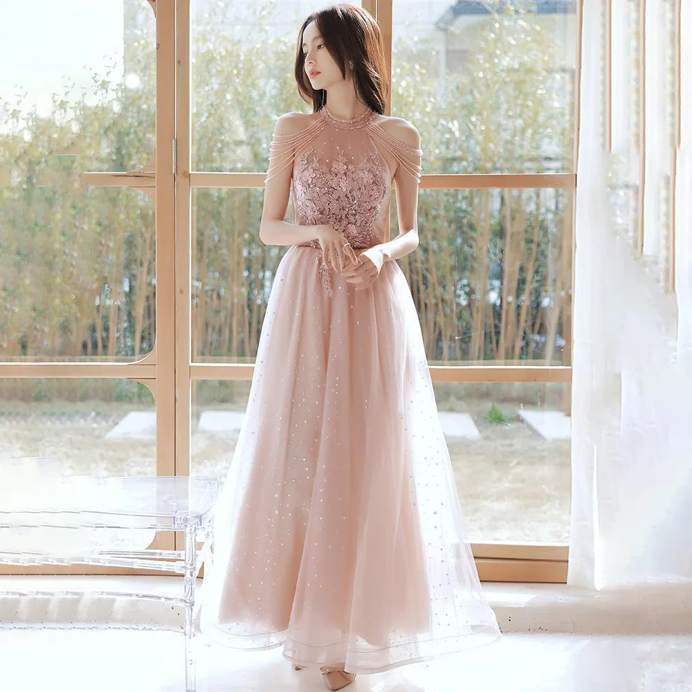 

POMUSE Korea Halter Elegant Prom Dresses Appliques Sequined Ankle-Length Pleat Evening Dresses robe de soirée de mariage