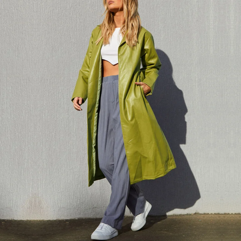 Autumn and Winter Women's New Long Leather Clothes Lapel Belt Casual Versatile Windbreaker Solid Women's PU Long Windbreaker