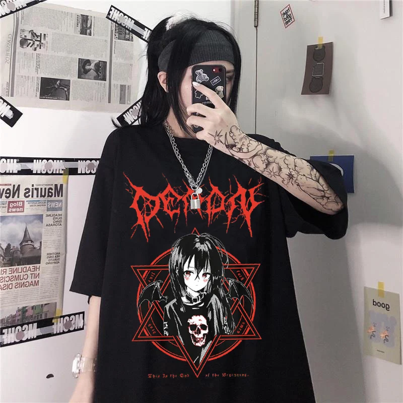 

Women Loose T Shirt Japanese Preppy Gothic Punk Cartoon Short Sleeve O-Neck Tops Female Ulzzang Girl Oversize Street Clothes
