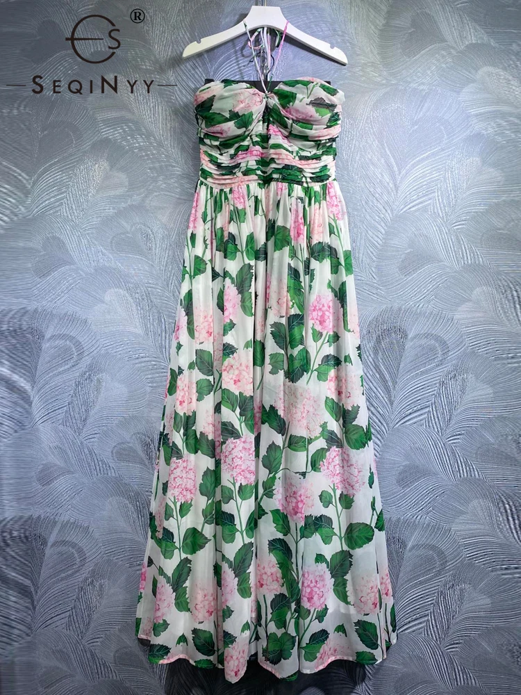 

SEQINYY Party Dress Summer Spring New Fashion Design Women Runway Light Green Leaf Pink Flowers Print Sicily High Street