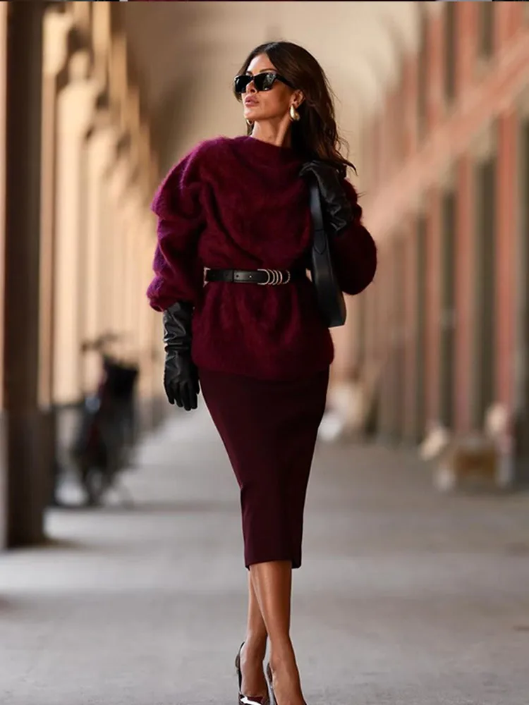 Элегантный красный мохеровый вязаный кардиган с v-образным вырезом женское