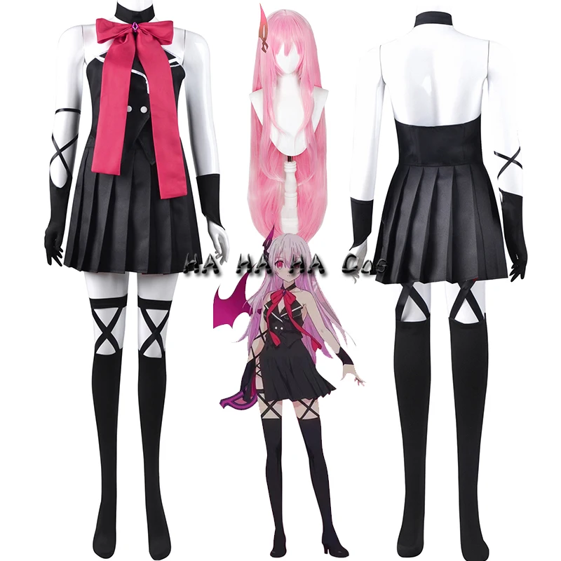 

Anime Engage Kiss Kisara Cosplay Costume Pink Wig Devil Outfit Black Skirt Demon Uniform headwear Bow Tie Gloves Stockings