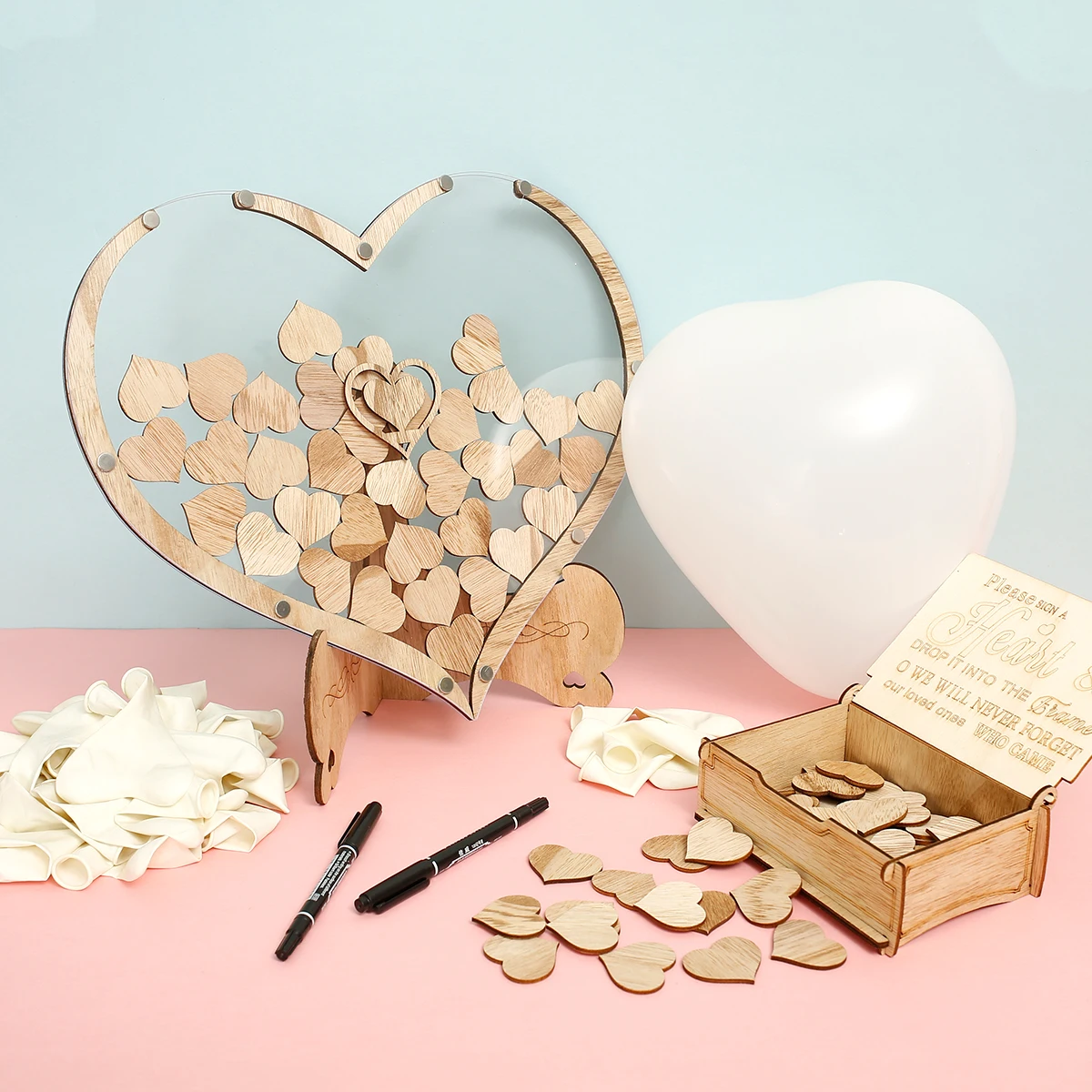 

Wedding Guest Book Kit Wooden Heart Shape Guest Book Drop Box with Heart Shape Frame Box Balloons Hearts Pieces Pens Box
