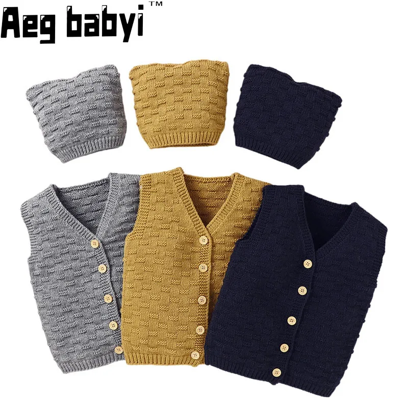 

Одежда для маленьких мальчиков и девочек, свитер, жилет, вязаная куртка без рукавов, кардиган, жилет + шапка, 2 шт., трикотажная одежда для малы...