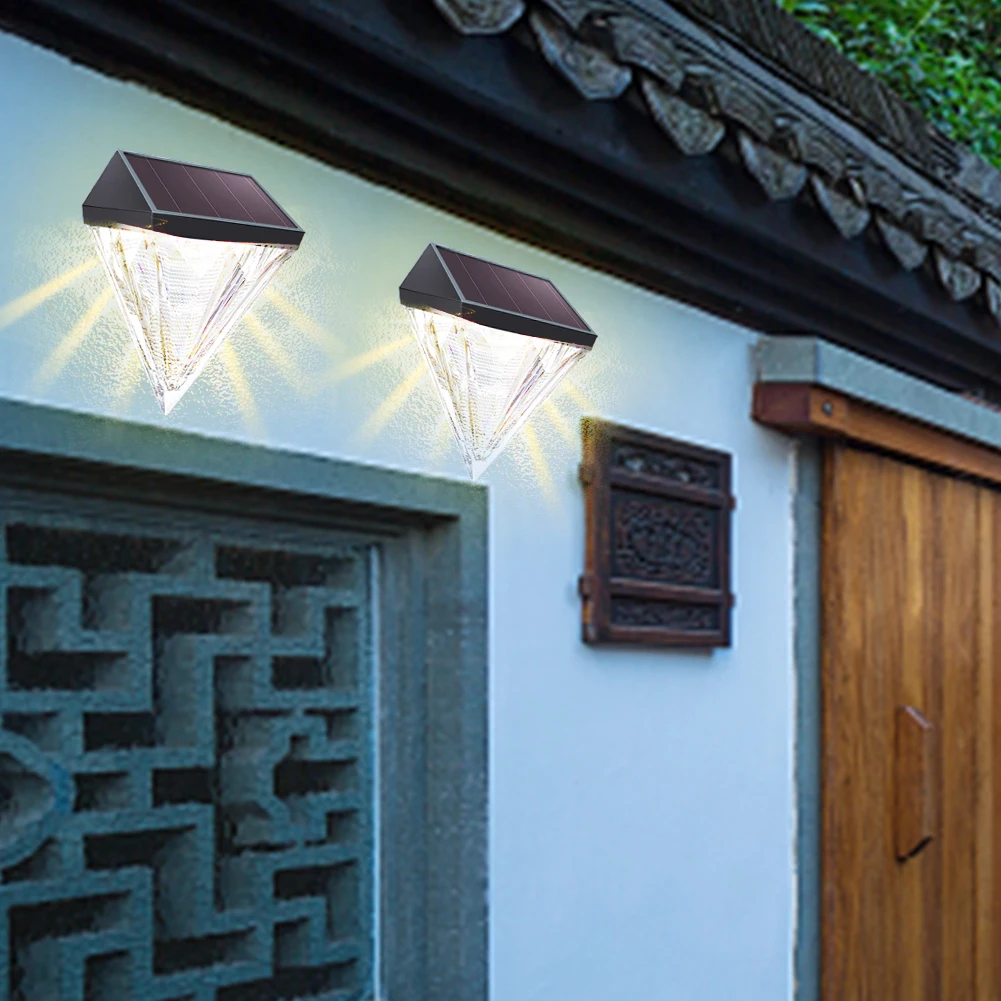 

2pcs Solar Powered Modern IP44 Waterproof Stair Yard Deck Led Decoration Patio Outdoor Fence Light Wall Lamp Diamond Crystal