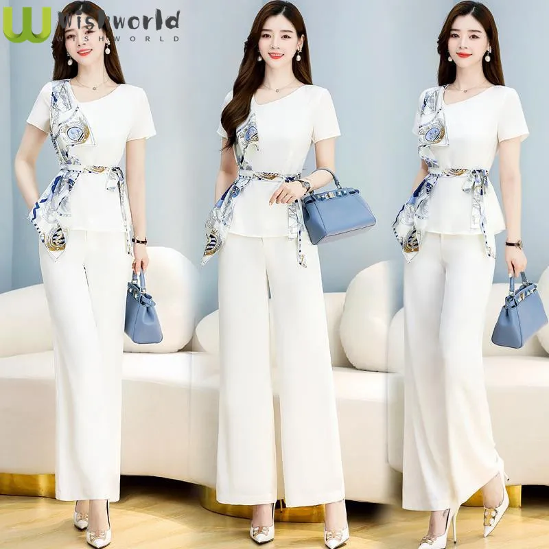 

New Summer Women's Suit 2022 Age Reduction Slim Temperament Foreign Style Waist Closing Printed Wide Leg Pants Two-piece Set