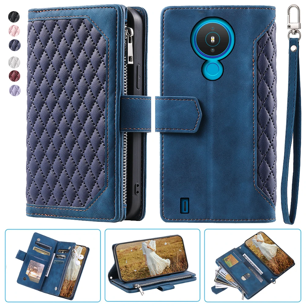 

For Nokia 1.4 Fashion Small Fragrance Zipper Wallet Leather Case Flip Cover Multi Card Slots Cover Folio with Wrist Strap