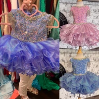 Girl Cupcake Pageant Dress for Little Miss 2023 Glitz Baby Kids Birthday Party Gown Infant Toddler Blue Pink Cap Sleeves Glitter