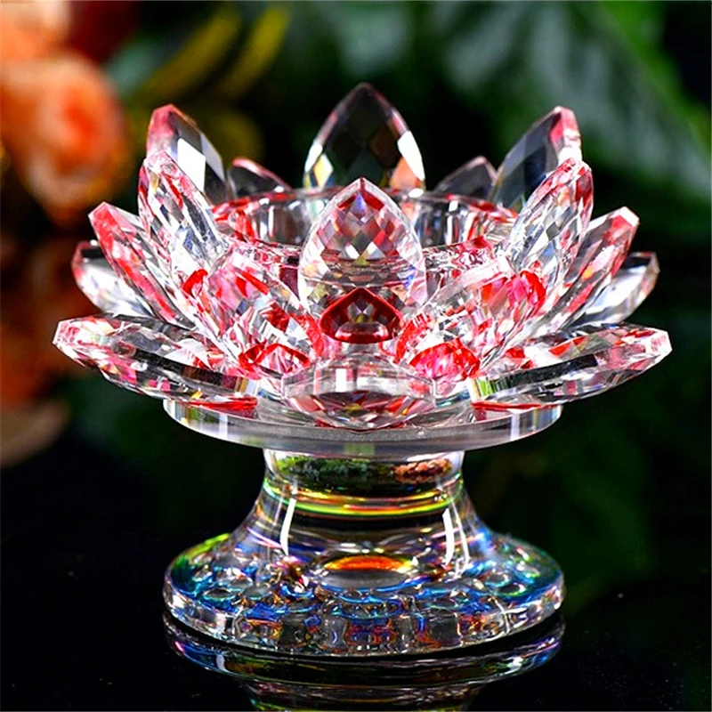 

110 mm K9 Crystal Lotus Flower Figurine Miniature Fengshui Ornaments Buddhist Candlestick Holder Home Decor Accessories Modern