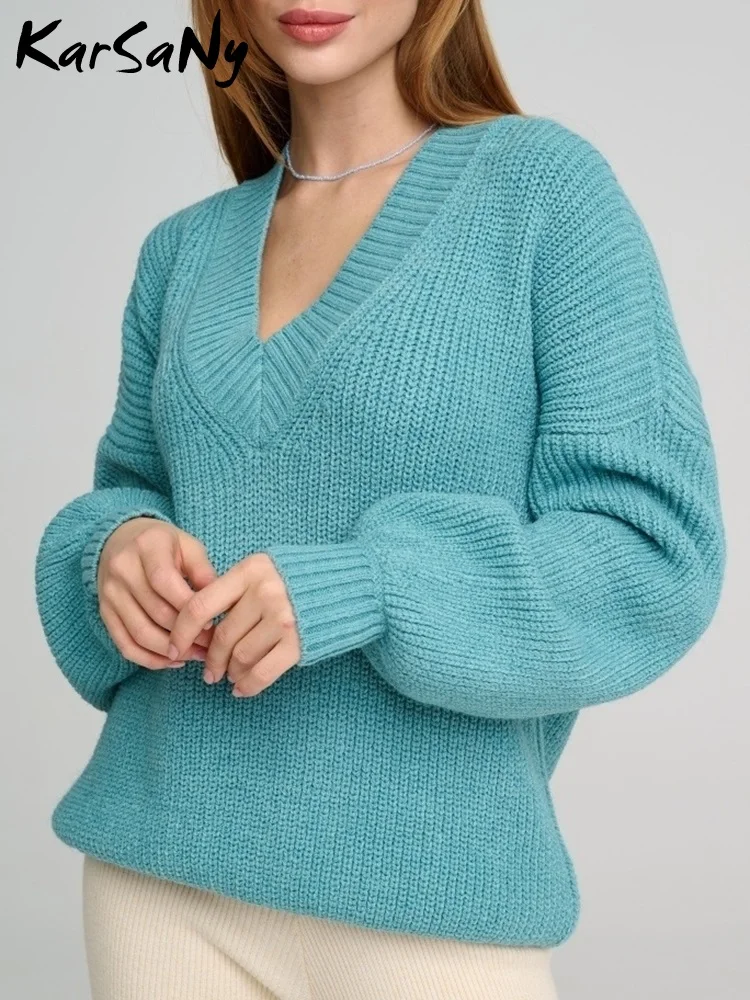 Women Green V Neck Oversized Sweater Vintage Solid Pullover Winter Autumn Loose Thick Basic Warm Sweaters For Women Oversize Top