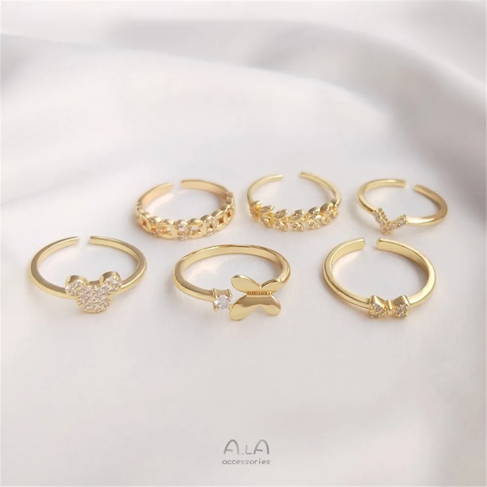 Купи Plated 14K Gold Filled Inlaid zircon bow leaf ring fashion light luxury high sense net red tide opening ring за 82 рублей в магазине AliExpress