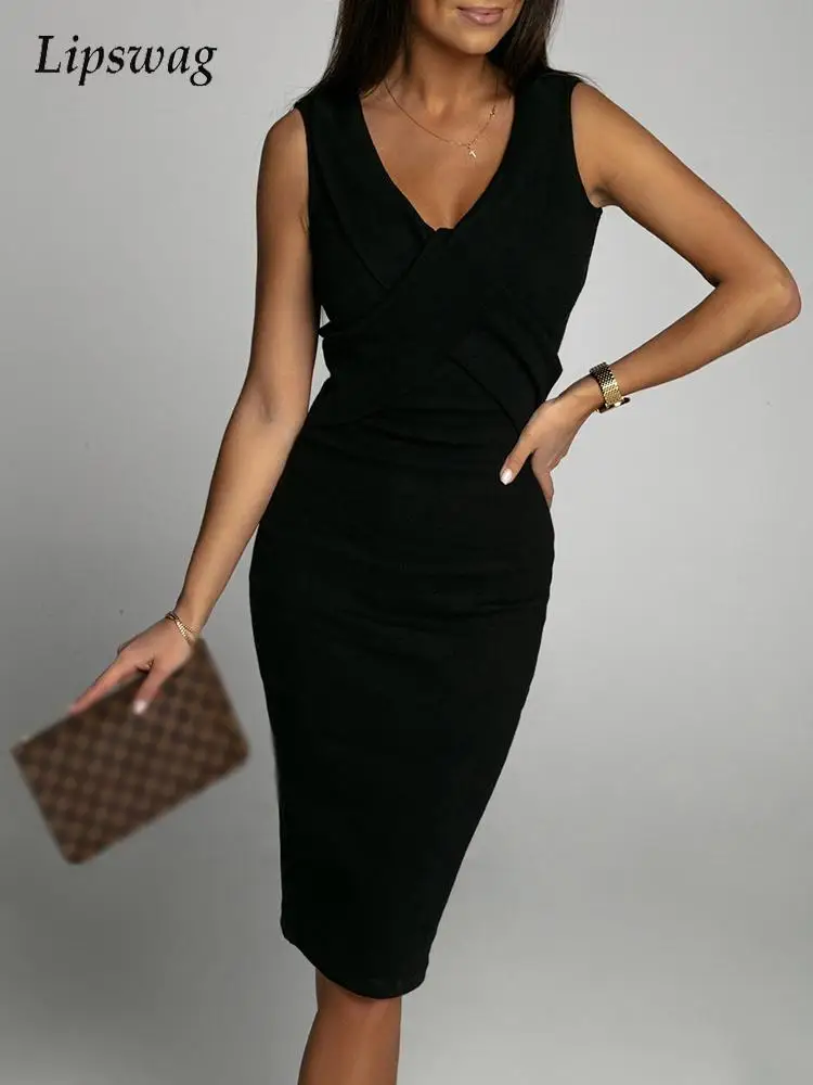 

Elegant Office Lady High Waist Bag Hip Midi Dress Fashion Sexy V-Neck Sleeveless Slim Solid Dresses Casual Summer Party Mujers
