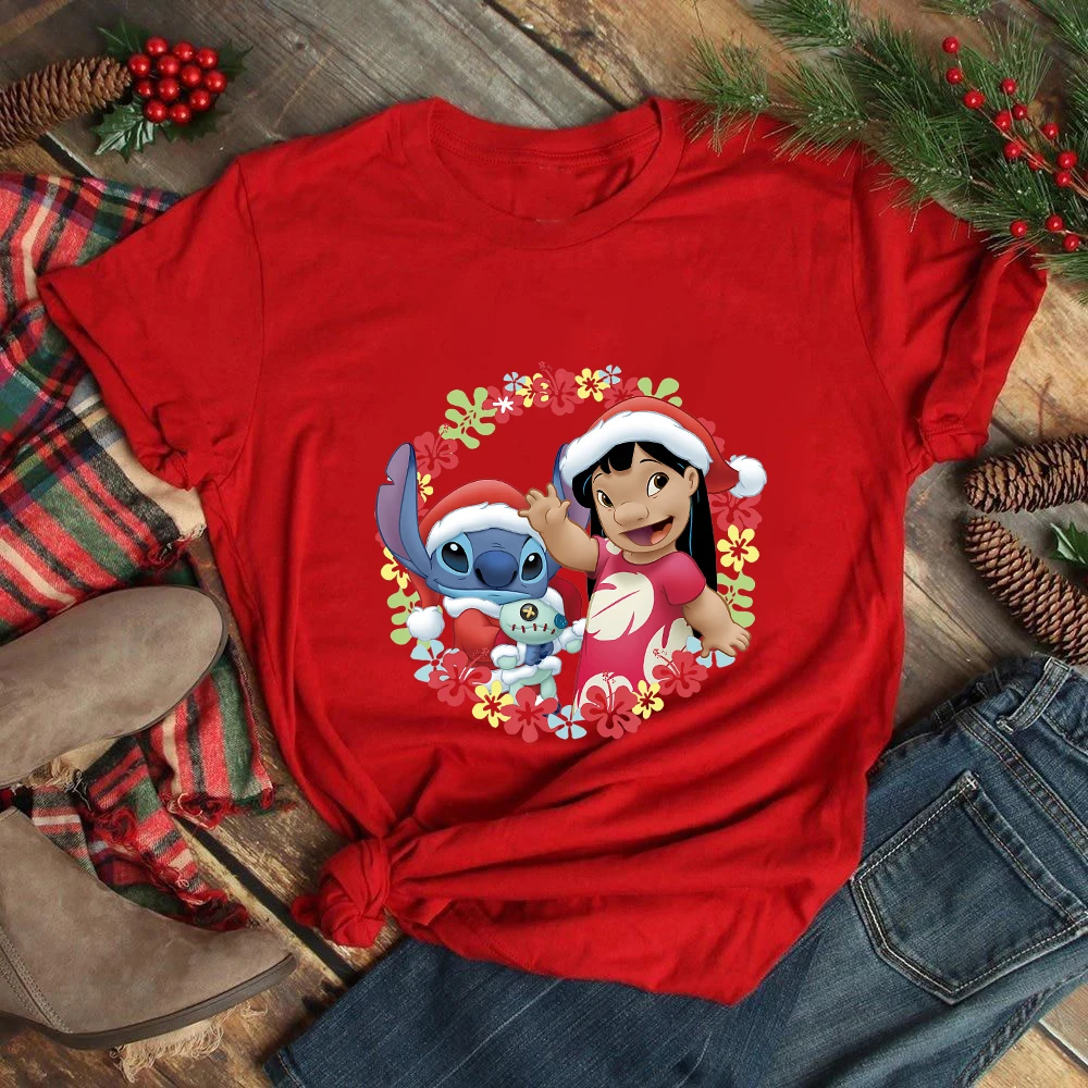 

Merry Christmas Disney Lilo Stitch T Shirt Women Aesthetic Clothes Kawaii Harajuku Red Xmas Tops Tees Young Fashion Lady T-shirt