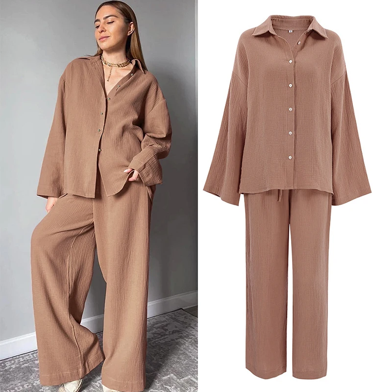 

Browm Loose Double Crepe Pajamas Sets Sleepwear Shirt Pant Casual Homewear 2Pcs Lapel Nightwear Cardigan Sleep Suit Home Clothes