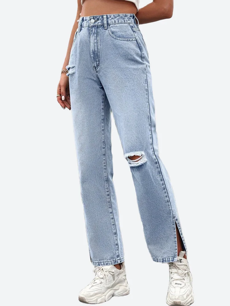 

Benuynffy Ripped Boyfriend Baggy Jeans for Women 2023 Spring Fall Casual Streetwear High Waisted Straight Leg Split Denim Pants